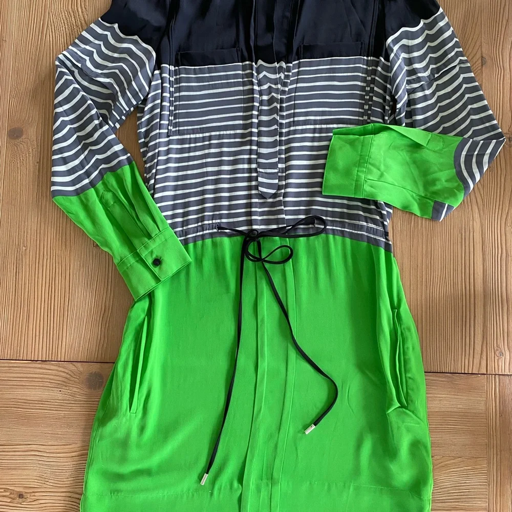 Diane Von Furstenberg Black, Gray Stripe & Neon Green Long Sleeve Dress - Picture 2 of 4